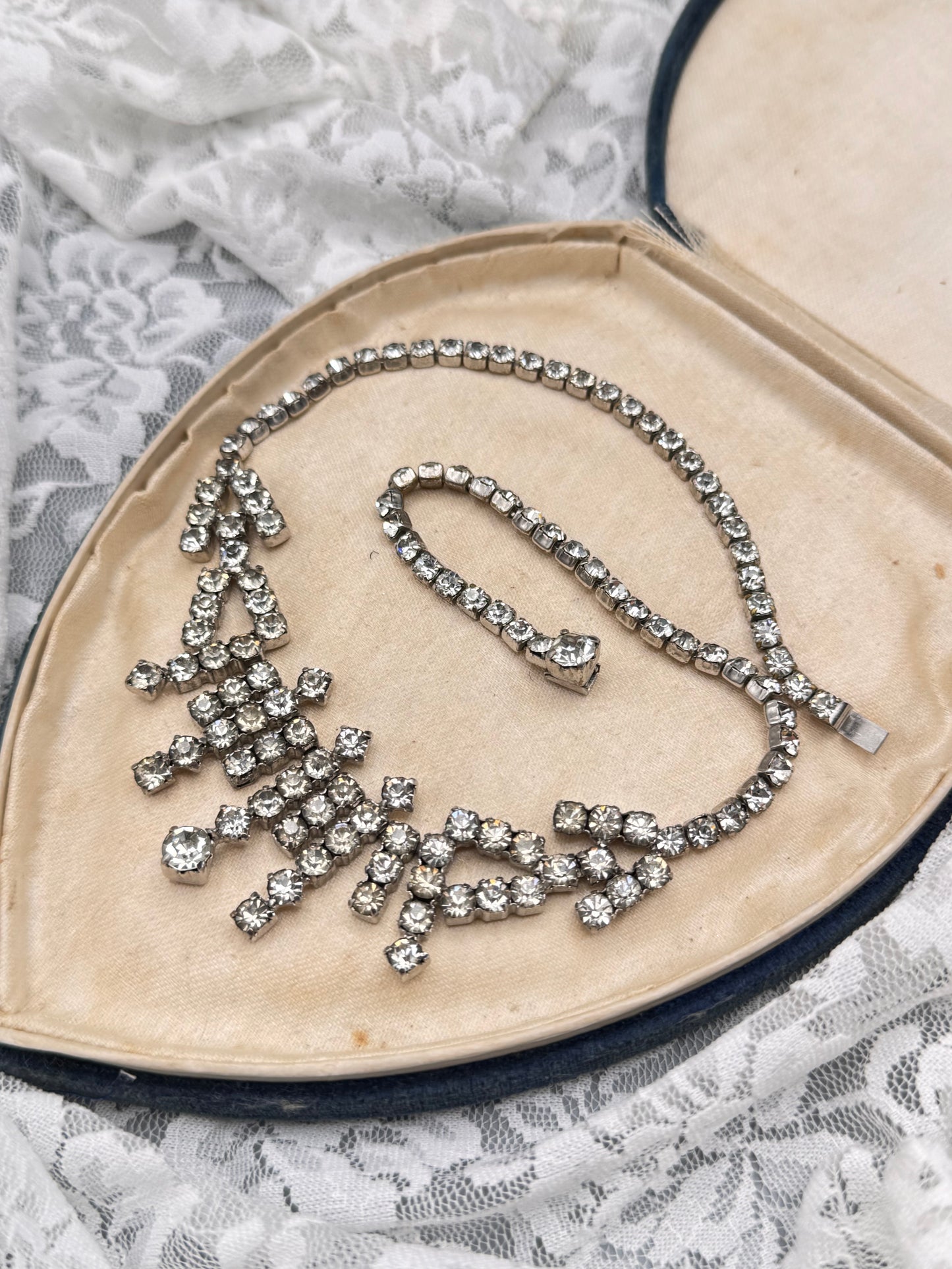 Kramer Rhinestone Necklace Signed 15.5” Vintage Silver Tone Fringe Bib