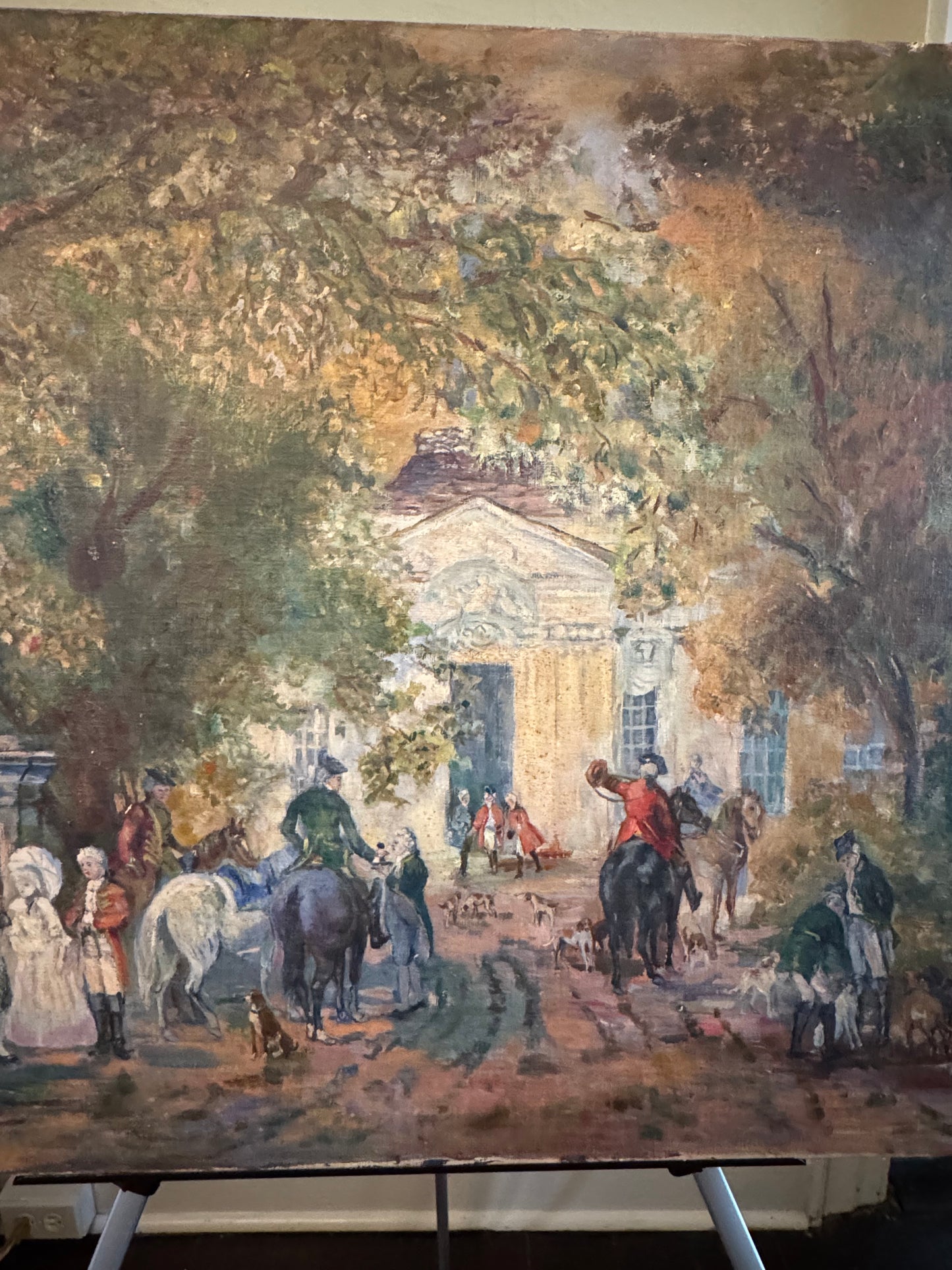 Vintage Oil Painting Fox Hunt Scene Country House Equestrian 35 X 25”