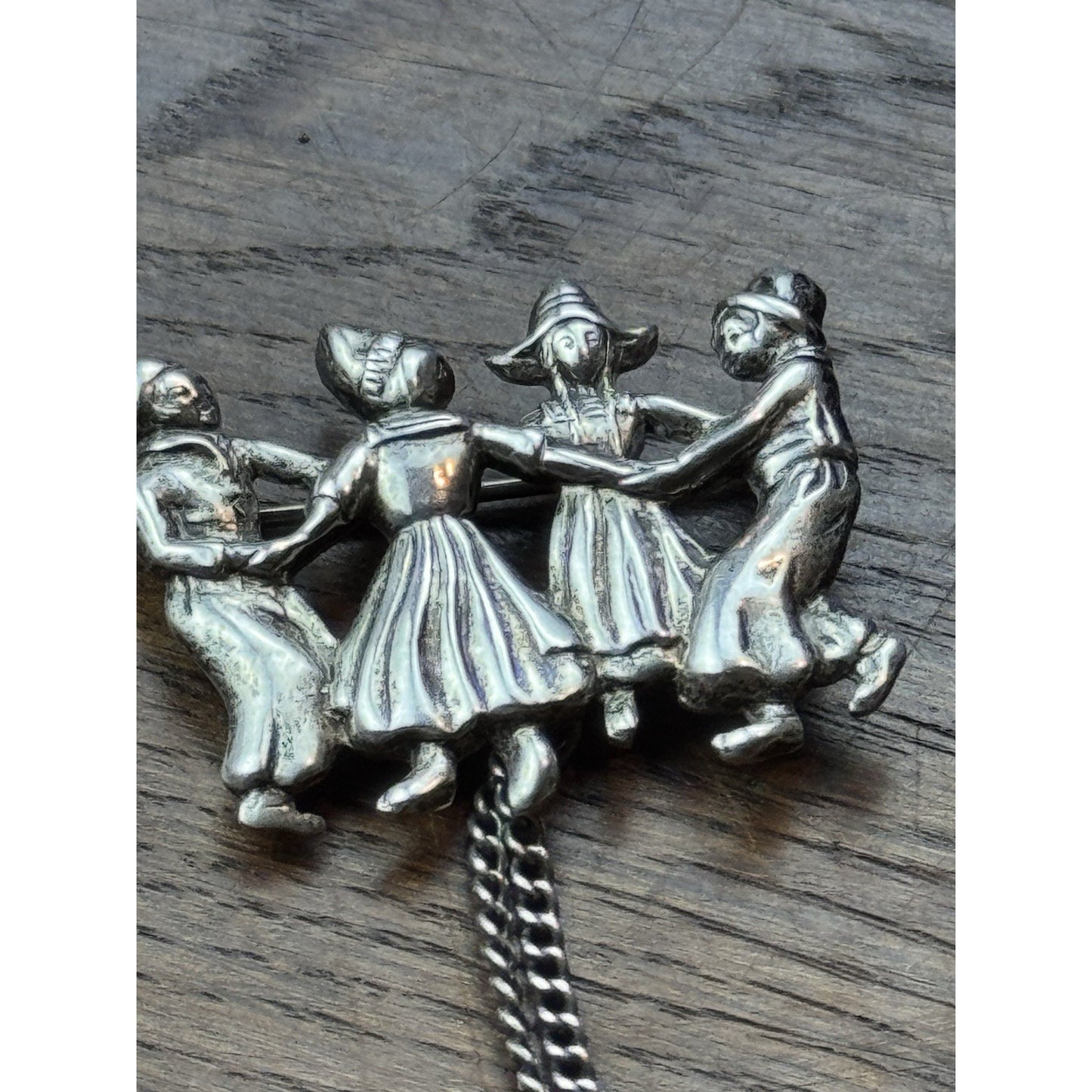 Vintage Dutch Dancers Chatelaine Brooch Silver Kissing Couple 1.38”