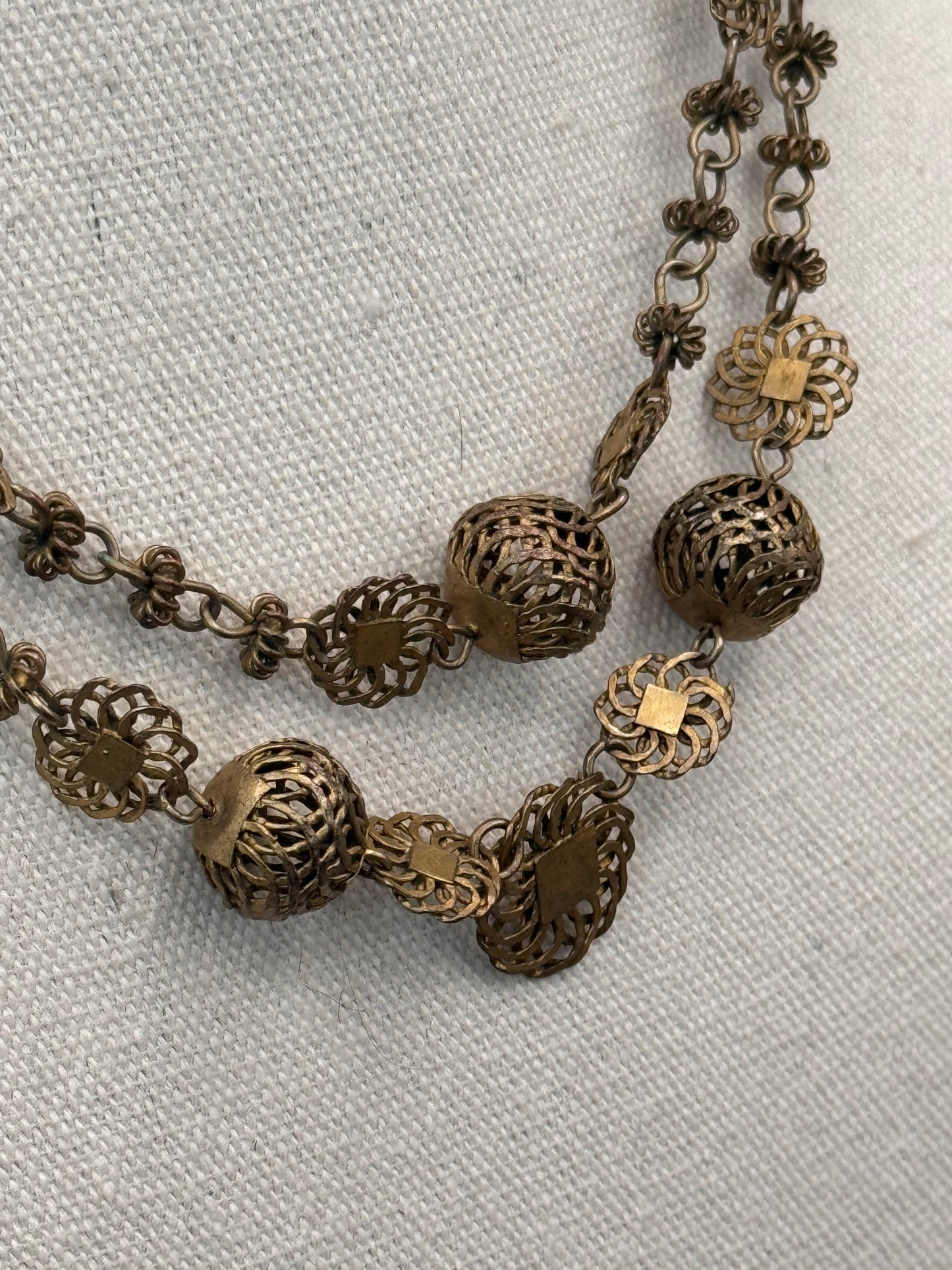 Vintage Necklace Long Brass Tone Filigree Bead Chain Endless 36”