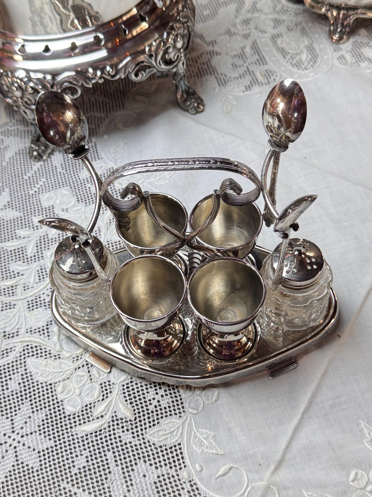 Early 20th Century Chrome Egg Cruet Set Apostle Spoons Salt Pepper Server 8”