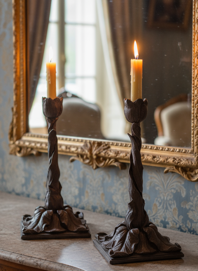 Antique BLACK FOREST Style Hand Carved Tulip Candlestick Pair Circa 14”h EXTREMELY RARE‼️