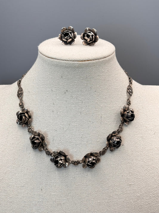 Vintage Coro Craft Sterling ROSE Necklace Earrings (Screw-back) Set Floral 16”