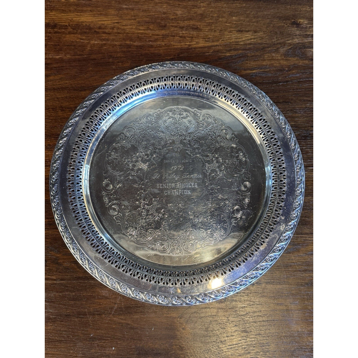 Silverplate Reticulated Charger Tray Ornate Engraved Tennis Trophy 1972 12”
