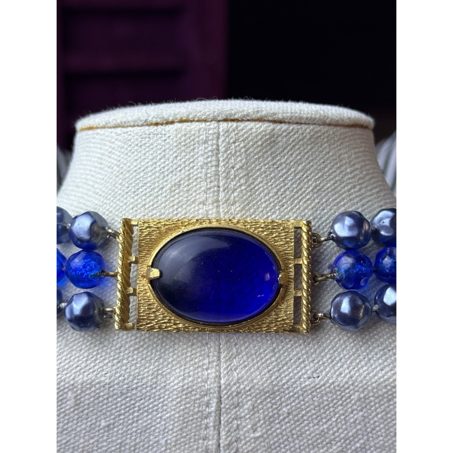 Vintage Blue Lucite Beaded Necklace Goldtone 3 Strand Statement 20”