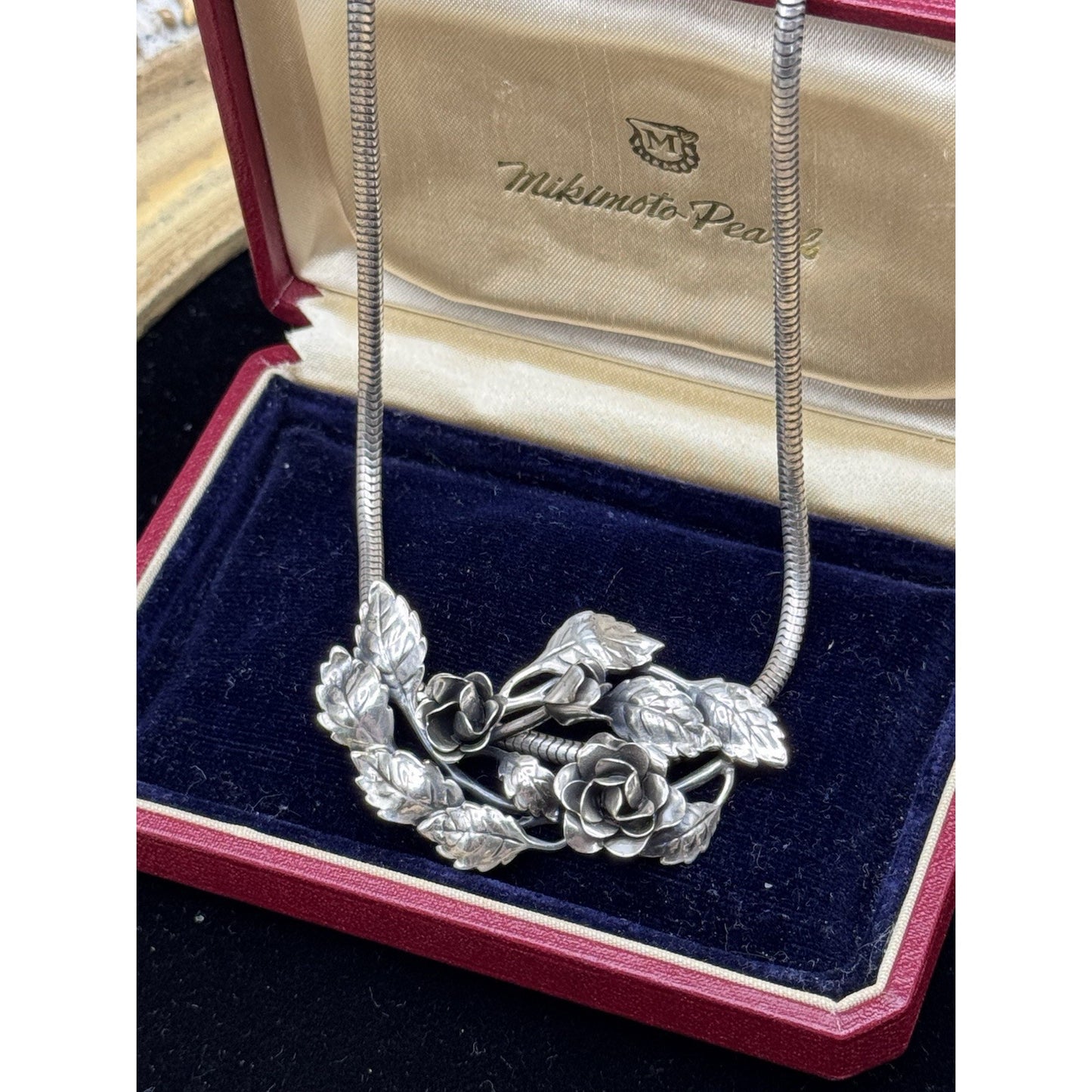 Sterling Danecraft Rose Slide Pendant Necklace Snake Chain Vintage Floral 14.5”