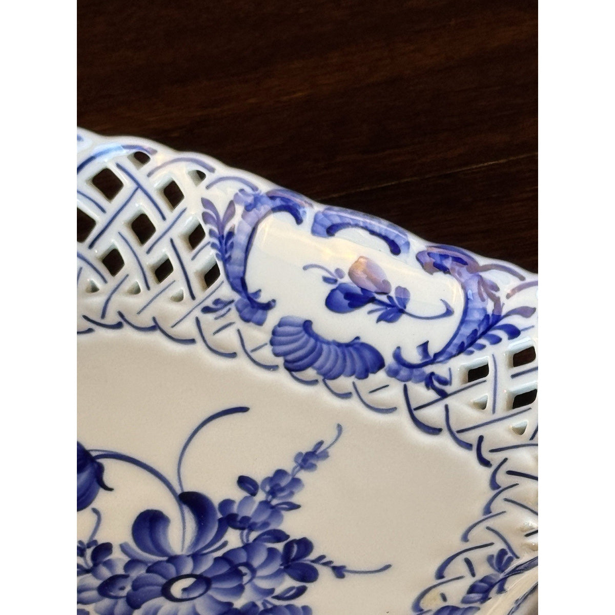 Royal Copenhagen Porcelain Reticulated Blue White Square Bowl 9.25” VINTAGE