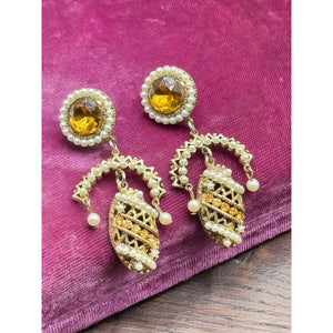 Vintage Clip-On Earrings Faux Pearl Amber Rhinestone Dangle Goldtone 2.5”