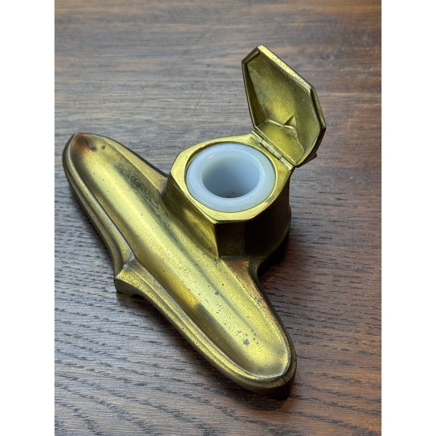 Antique Art Deco Brass Tone Ink Stand Inkwell Pen Tray 6.5” Desk Accessory