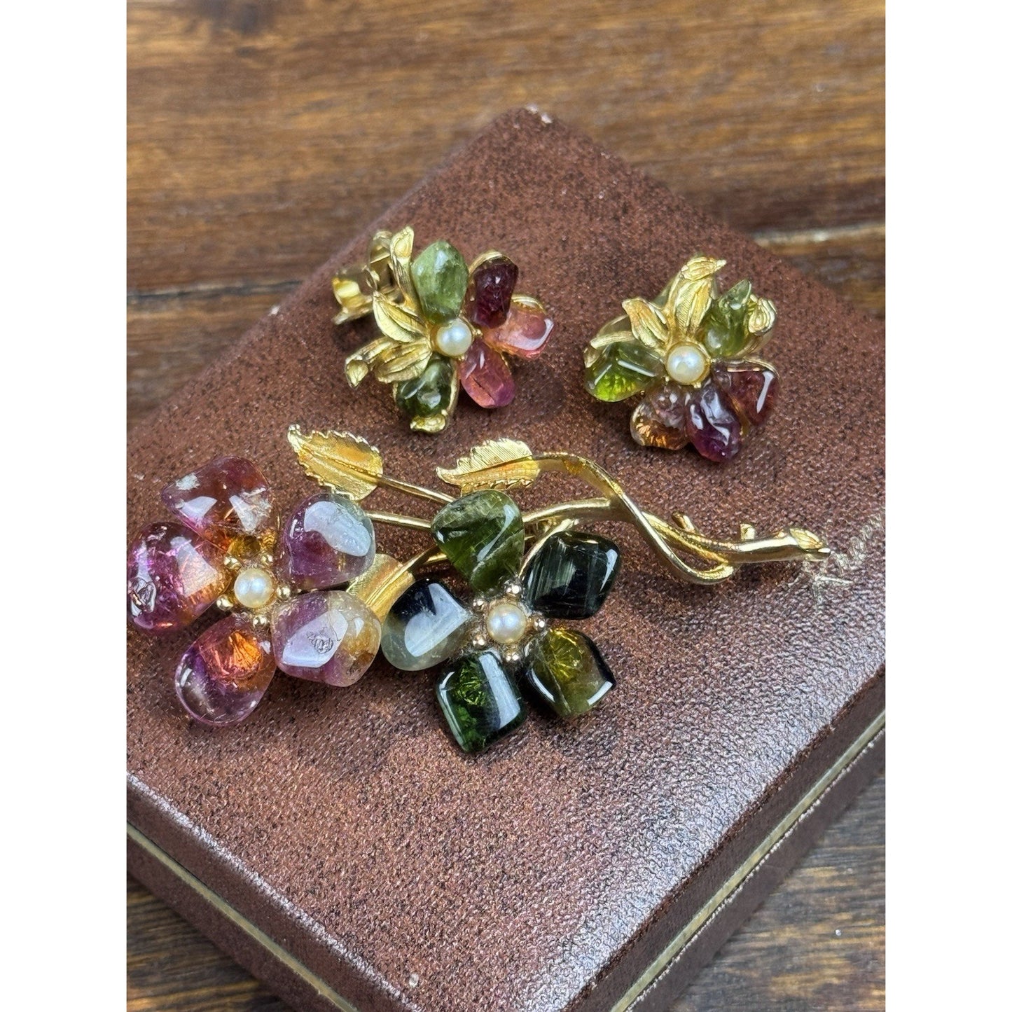 Vintage BARCS Stone Flower Brooch Earrings Set C725 Goldtone Australia