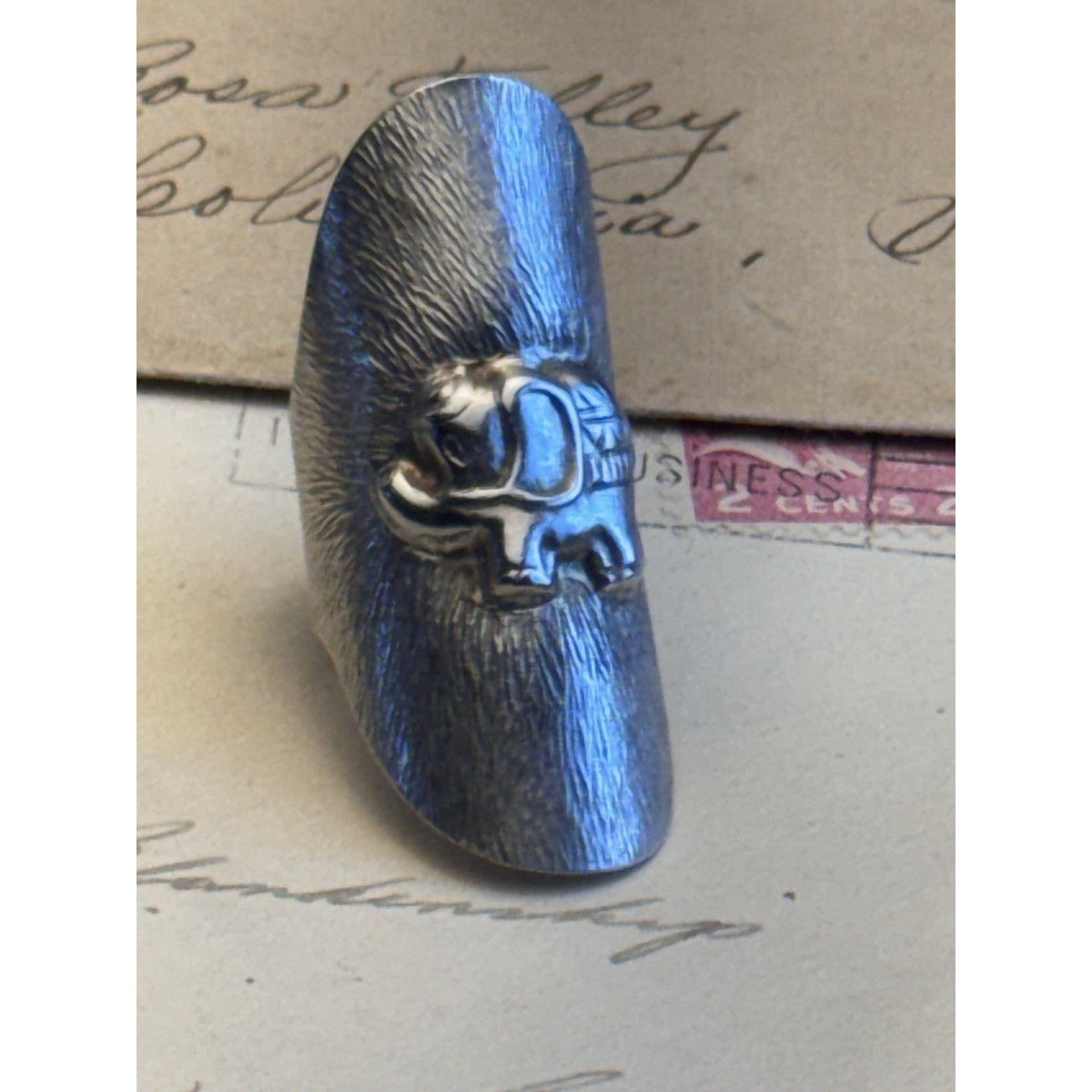 Artisan Silver Ring ELEPHANT Thailand Adjustable Size 8 Statement 2” Tested