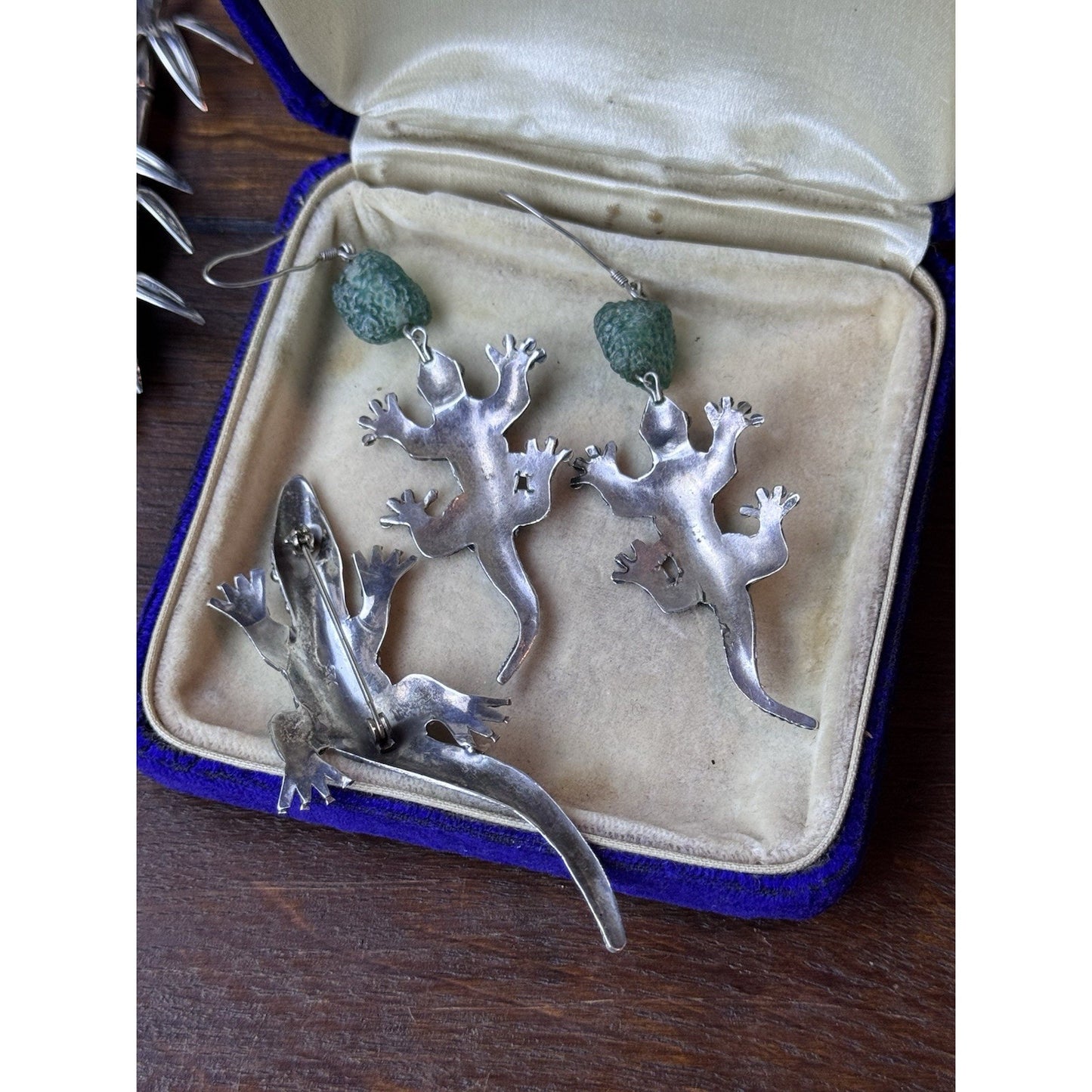 Vintage 925 Sterling Gecko Brooch Earrings Set Green Glass Beads Handmade