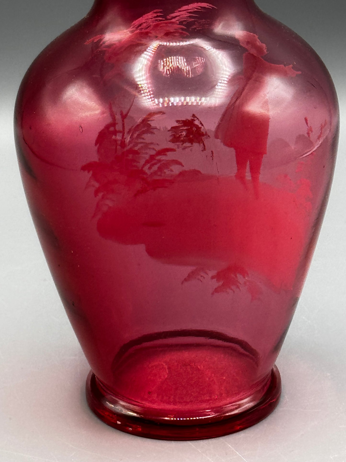Vintage Mary Gregory Style Cranberry Glass Vase Hand Painted Child 8.5”