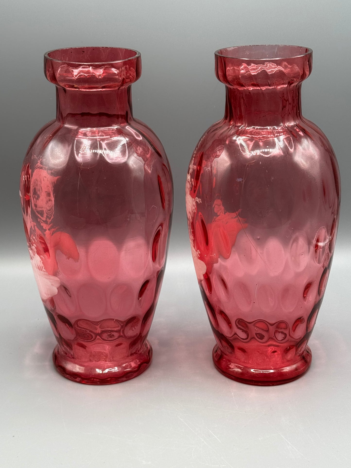 Vintage Pair Mary Gregory Style Cranberry Glass Vases Boy & Girl 10.5”