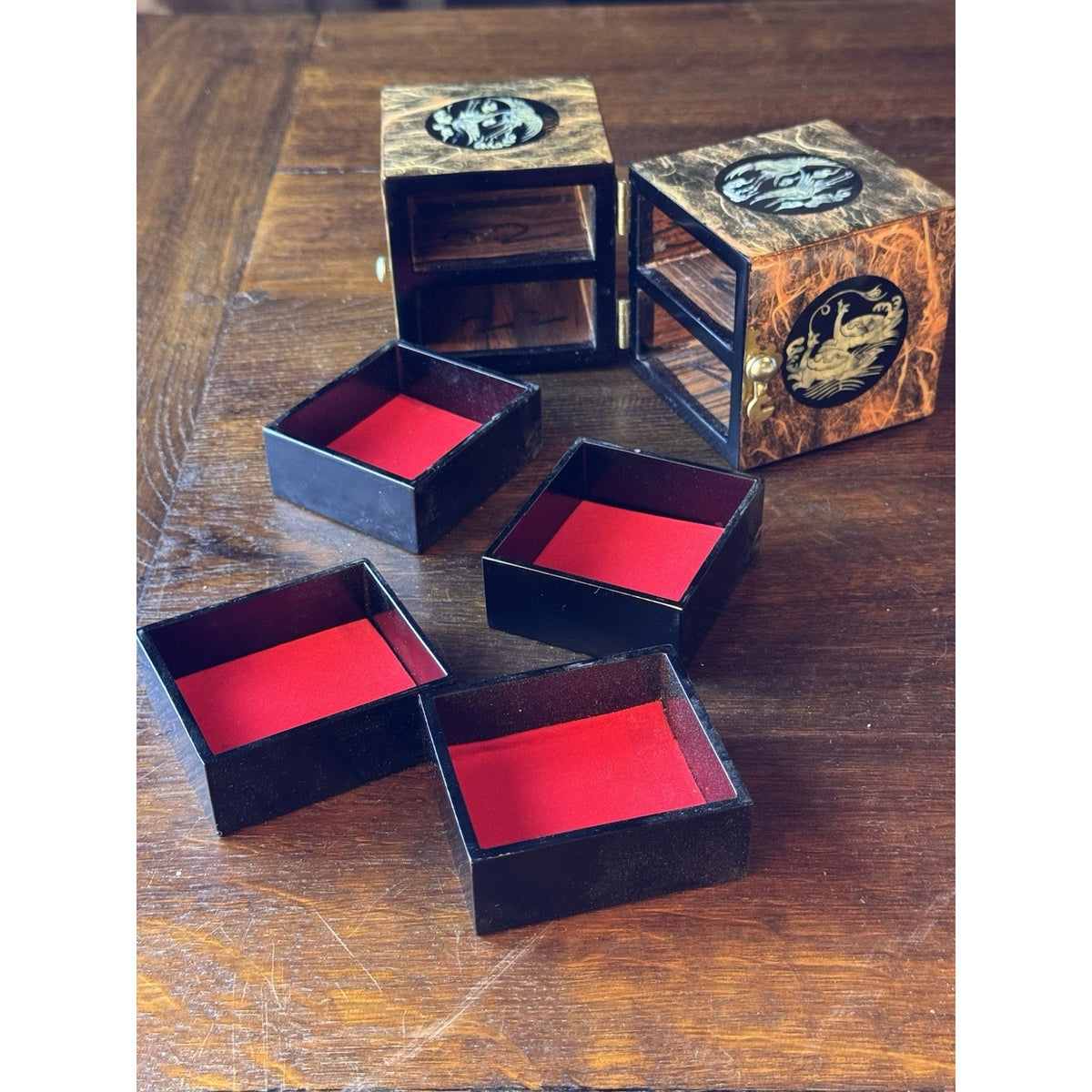Wood Jewelry Box Asian Mother Of Pearl Inlay Crane Duck 4 Drawer 6.5”