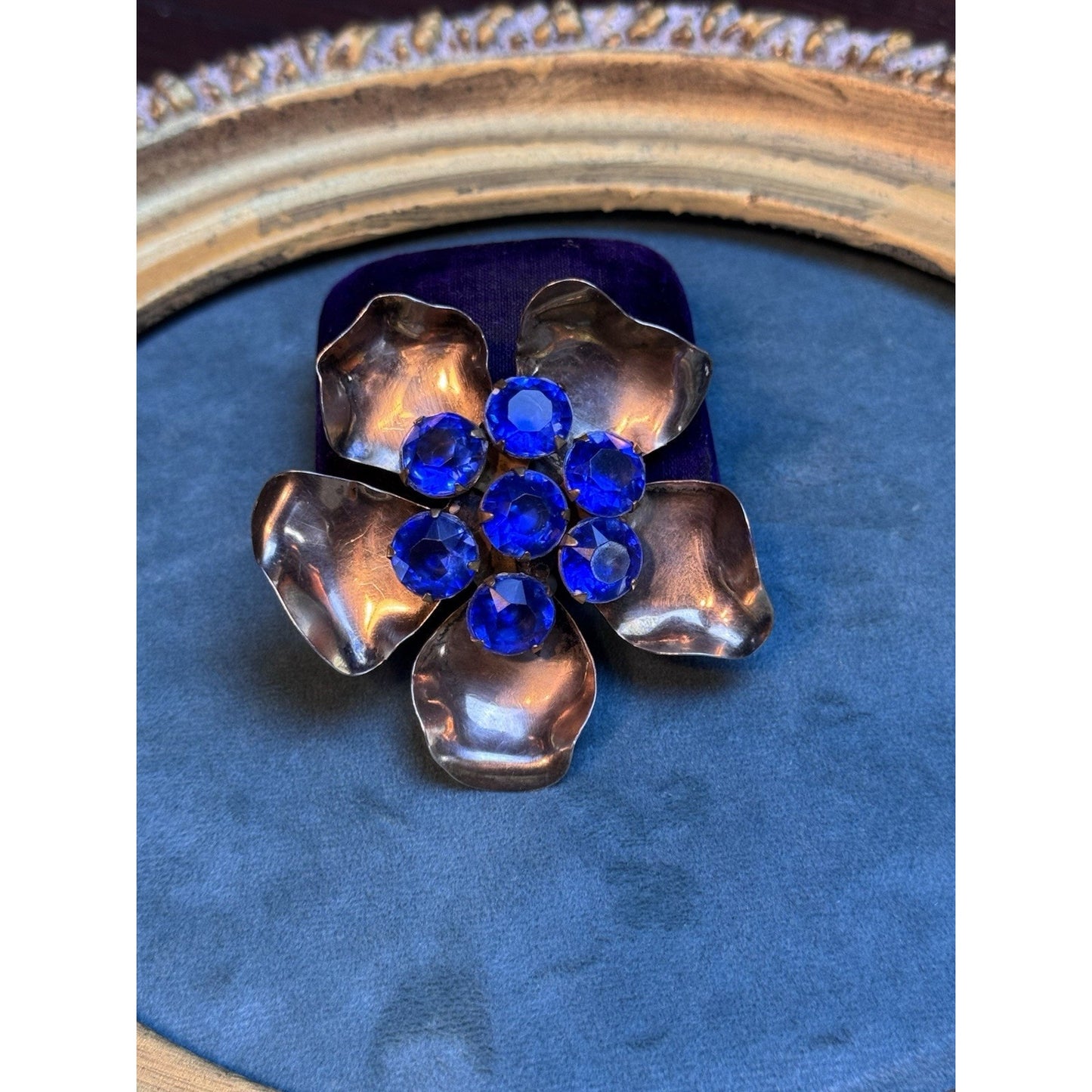 Vintage Sterling Vermeil Flower Brooch With Cobalt Blue Rhinestones