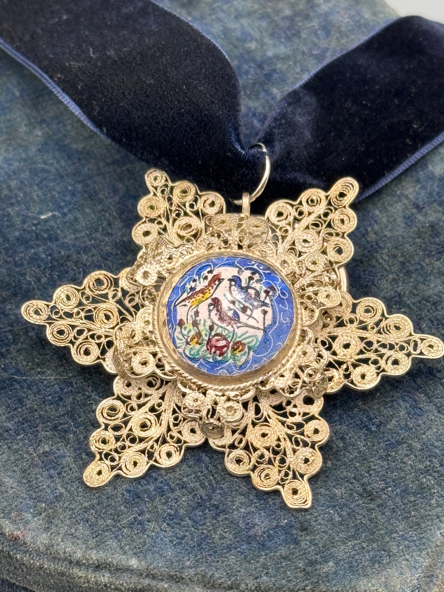 Vintage Filigree Pendant Bird Motif 2.5” Statement Necklace Silver Tone Enameled Hand Painted
