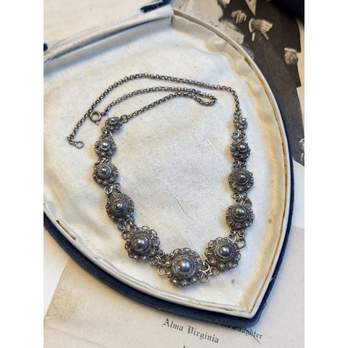 Dutch Button Necklace 835 Silver Filigree Graduated Floral Links Vintage 17.5”