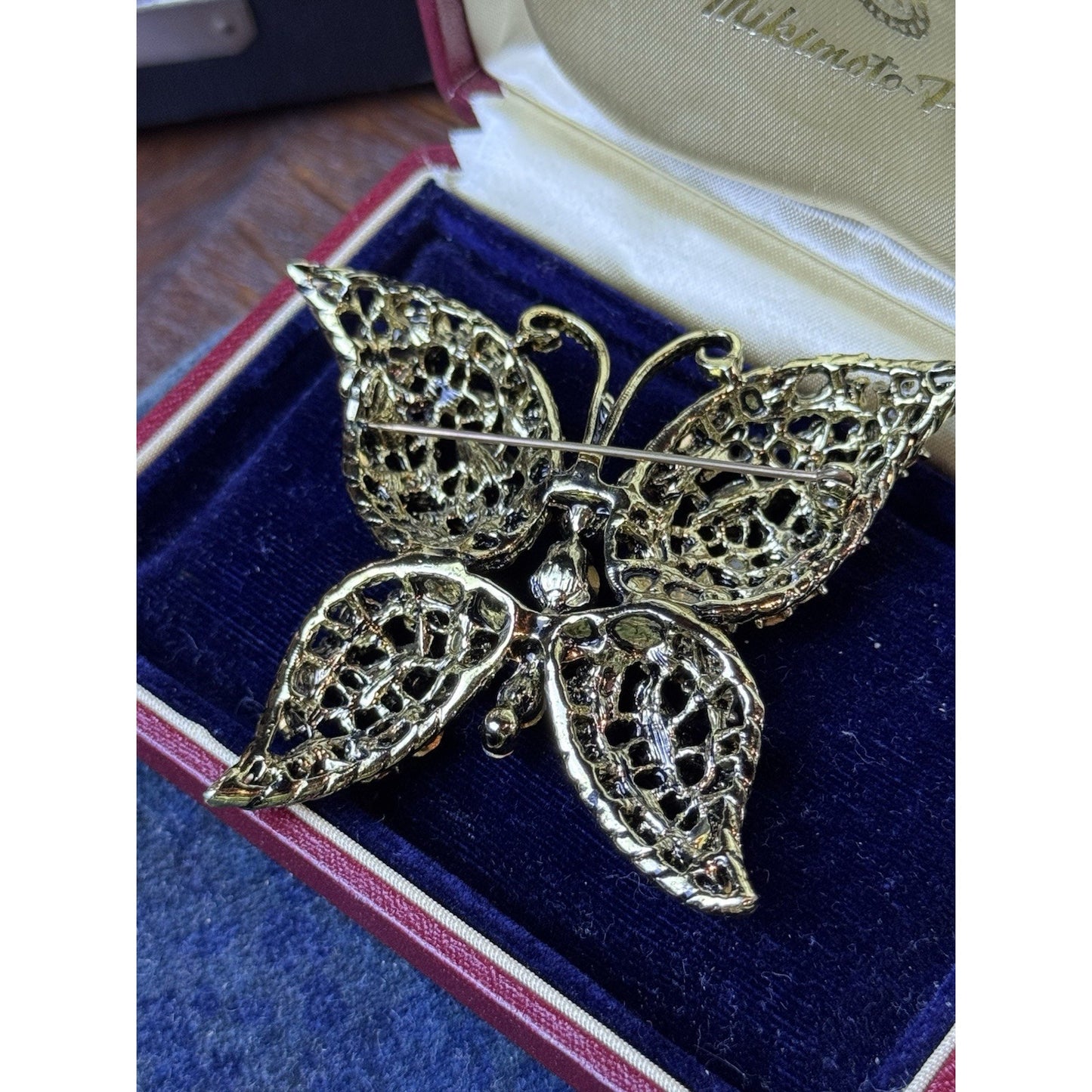 Vintage Butterfly Brooch Pink Blue Green Rhinestones Openwork Goldtone Large