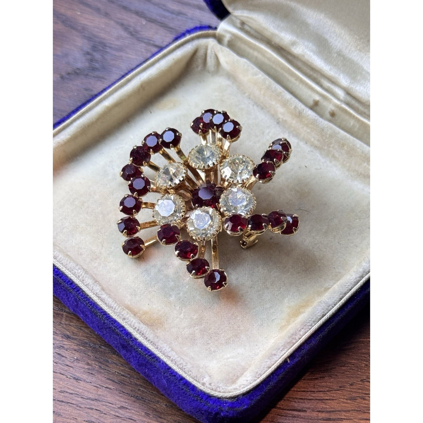 Vintage Brooch 2” Red Clear Rhinestone Goldtone Atomic Starburst Statement Pin