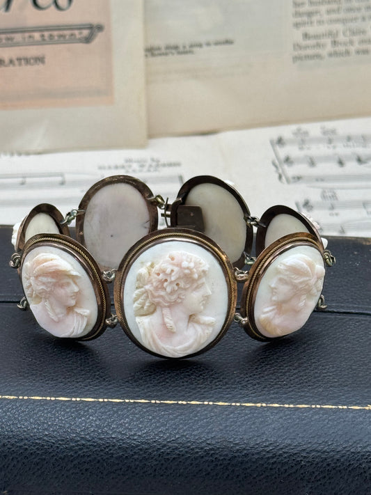 ANTIQUE Victorian 7 Large Carved Cameo Bracelet 9k Gold circa 7” High Relief!