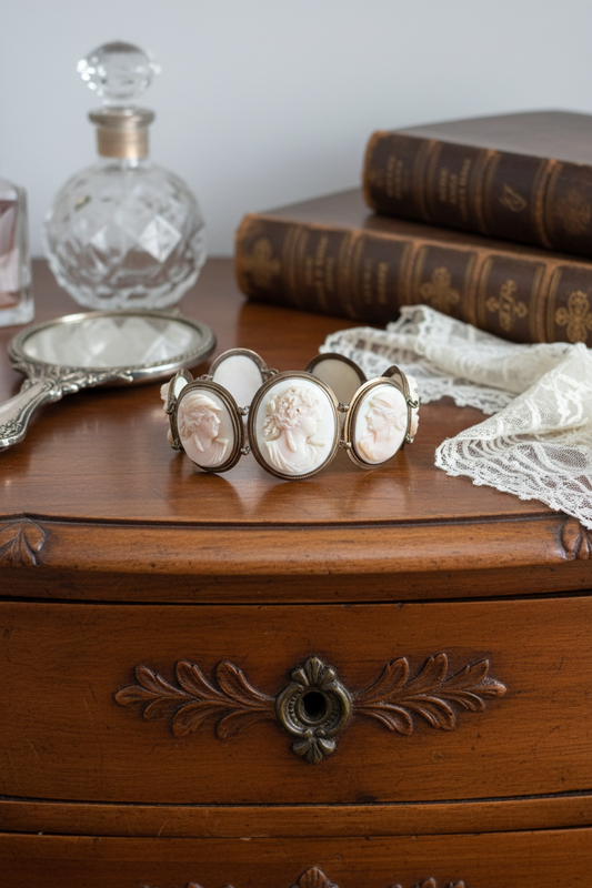 ANTIQUE Victorian 7 Large Carved Cameo Bracelet 9k Gold circa 7” High Relief!