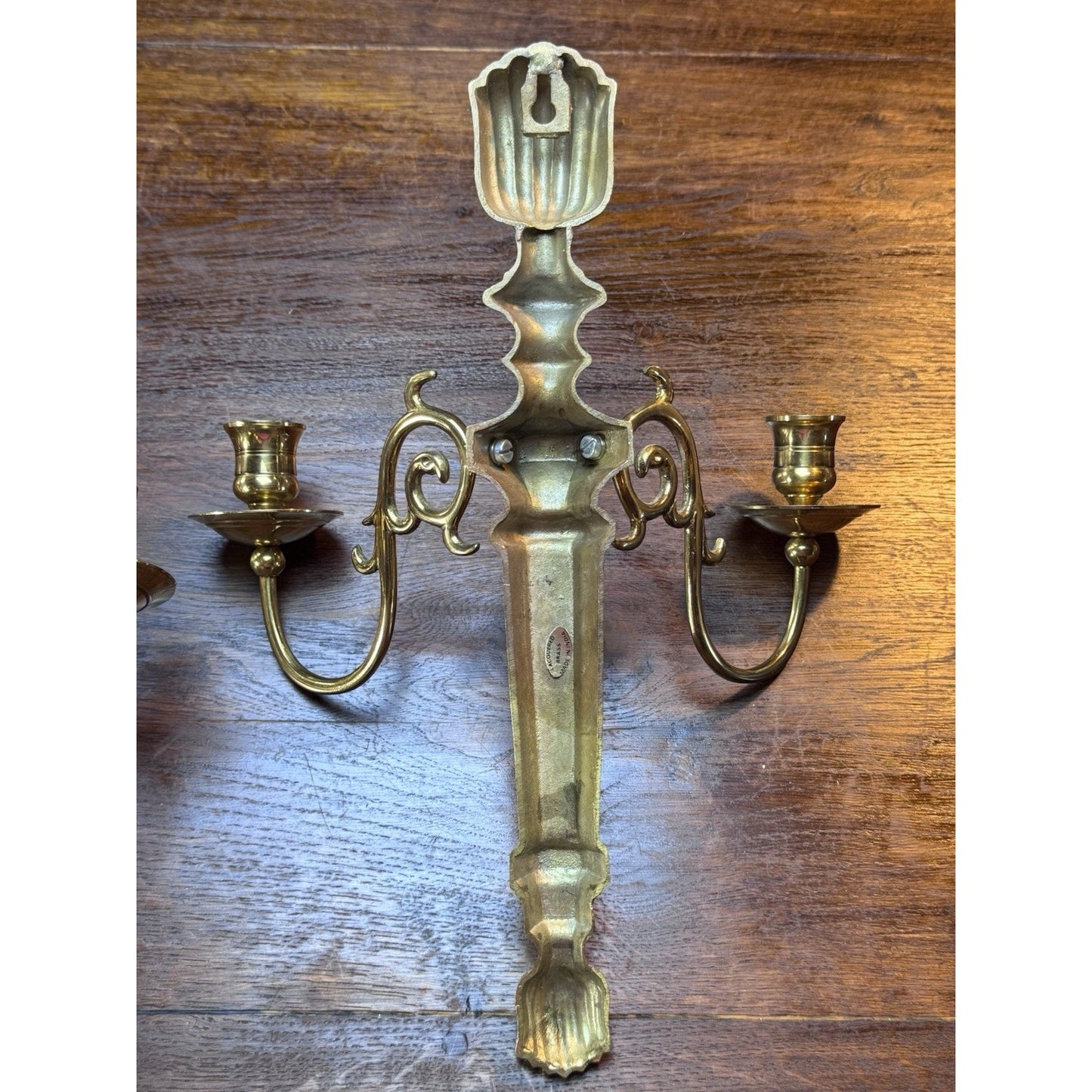 Pair Vintage Brass Wall Candle Sconces India Lacquered 2 Arm 15”