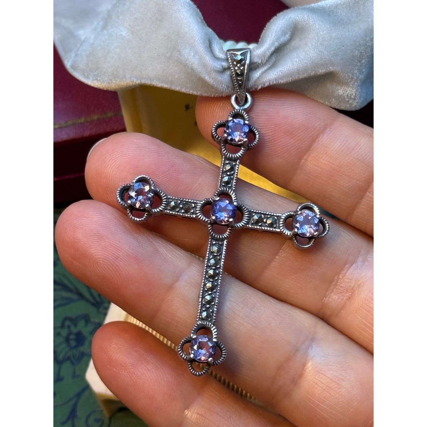 Antique Style Cross Pendant Marcasite Purple Glass Rhinestone Silver Tone 2"
