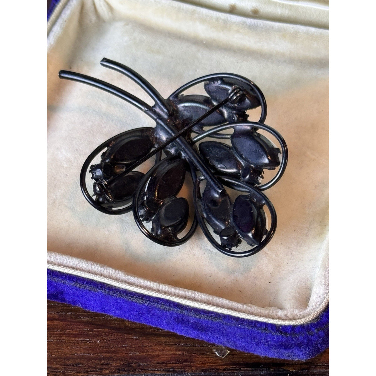 Vintage Brooch Black White Glass Floral Spray Japanned Statement Pin 2.5”