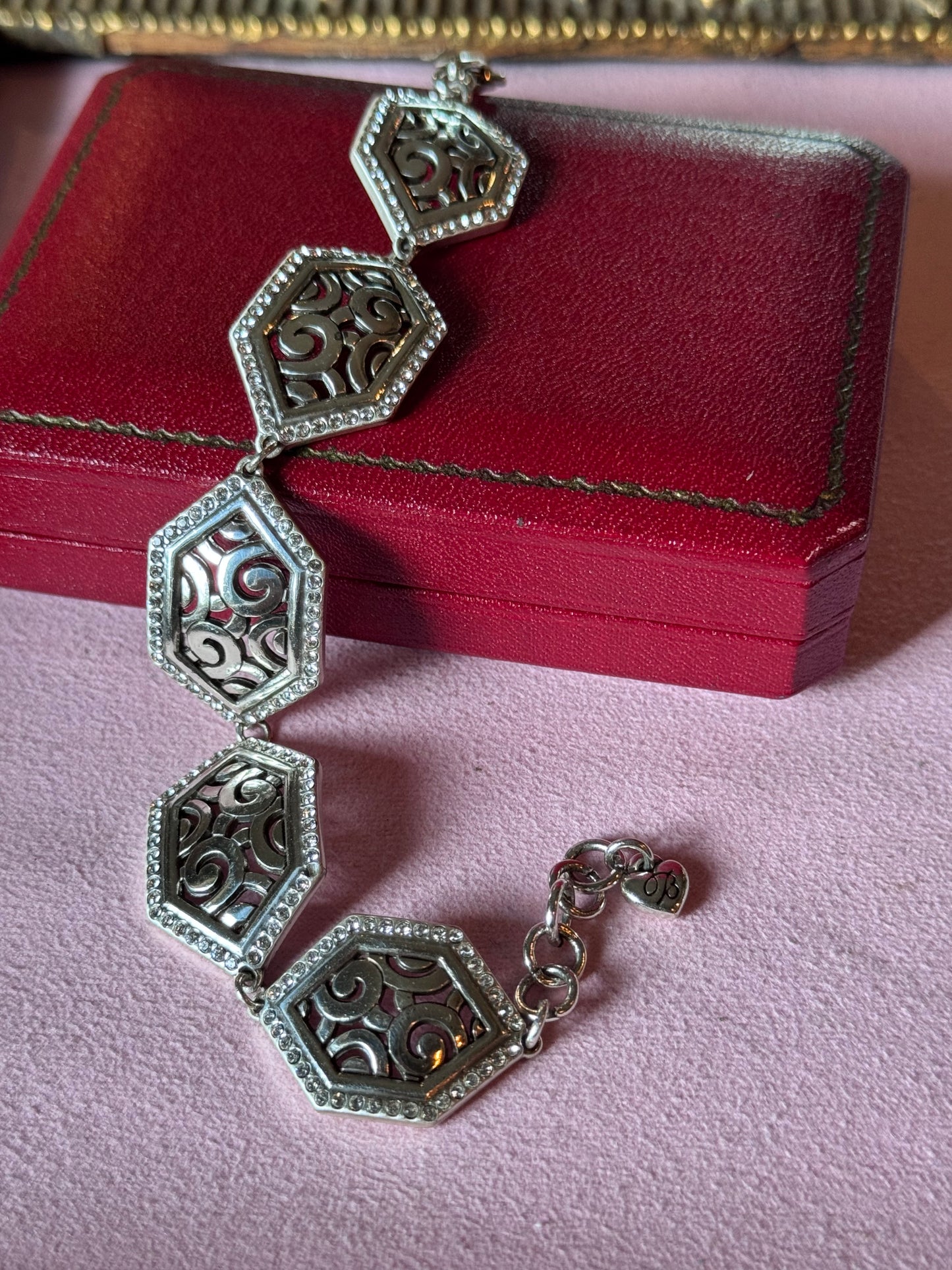 Vintage Brighton Silvertone Bracelet Openwork Panels Crystal Accents 7”-7.75”