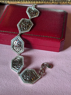 Vintage Brighton Silvertone Bracelet Openwork Panels Crystal Accents 7”-7.75”