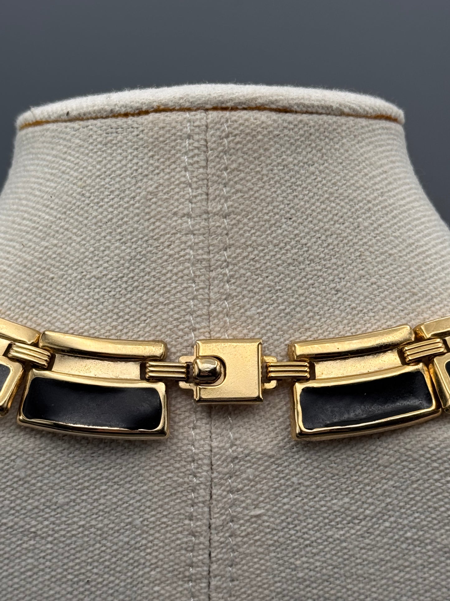 Vintage Necklace Black Enamel Goldtone Link 15.5” Matching Earrings Set