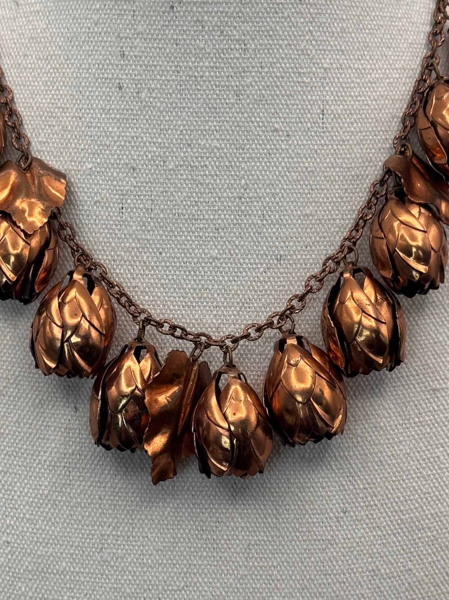 Vintage Copper Tone Floral Necklace Tulip Charm Statement 16”