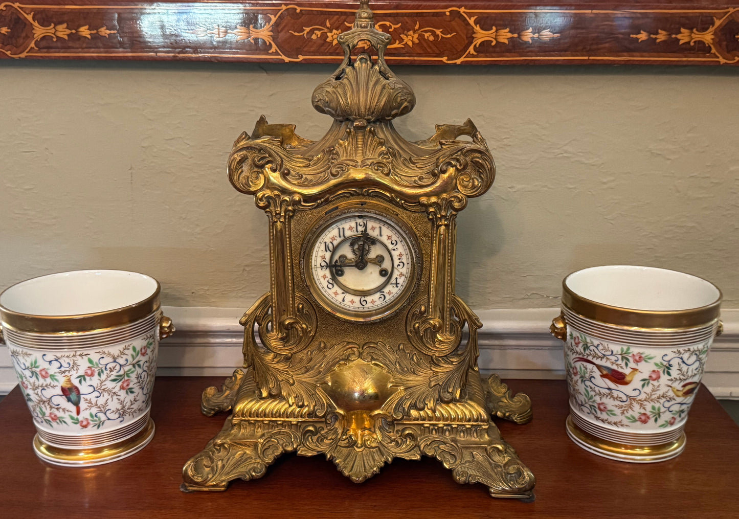 Antique Paris Porcelain Cachepot Planter Pair Hand Painted Bird Motif 19th Century