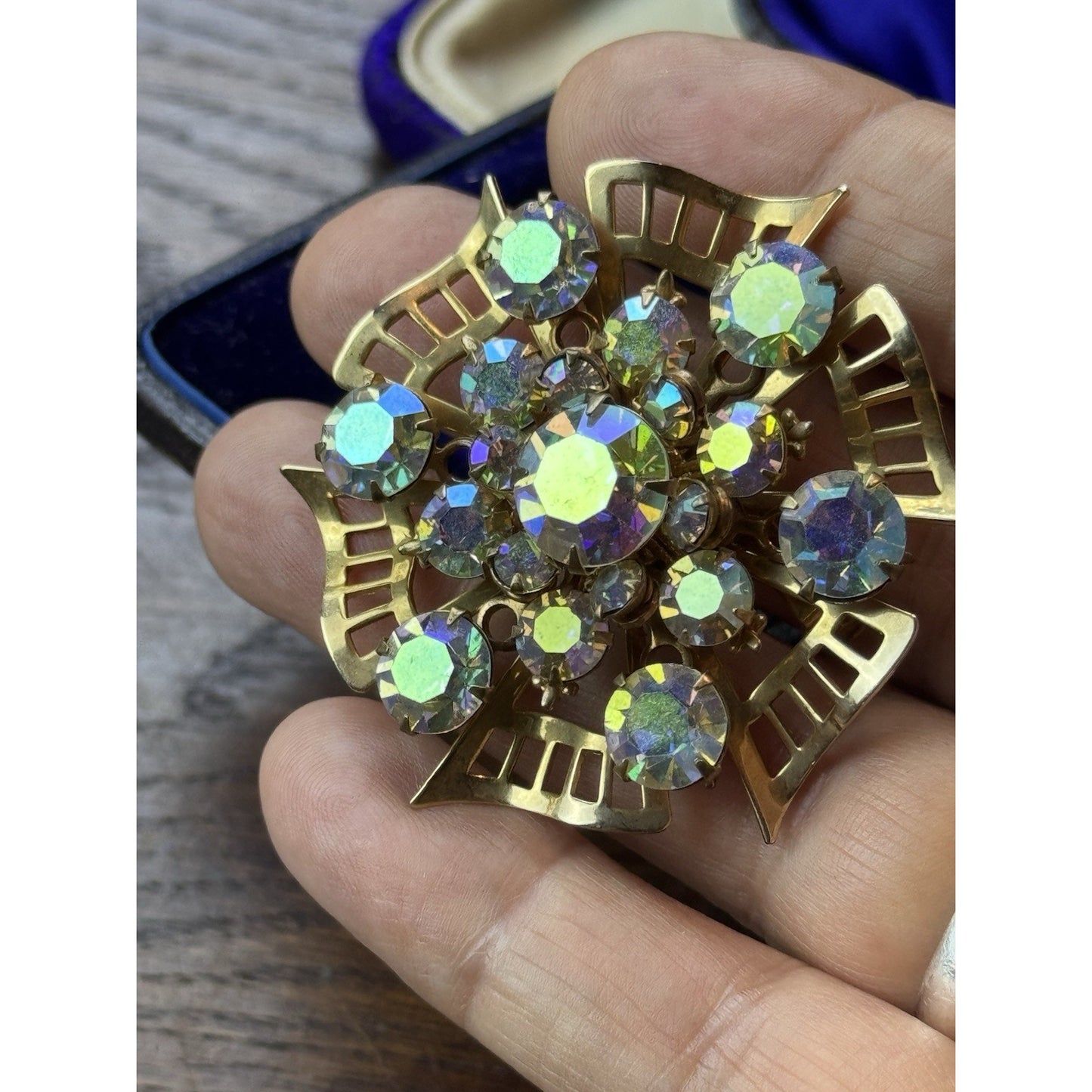 Vintage AB Rhinestone Brooch Goldtone Atomic Starburst 2”