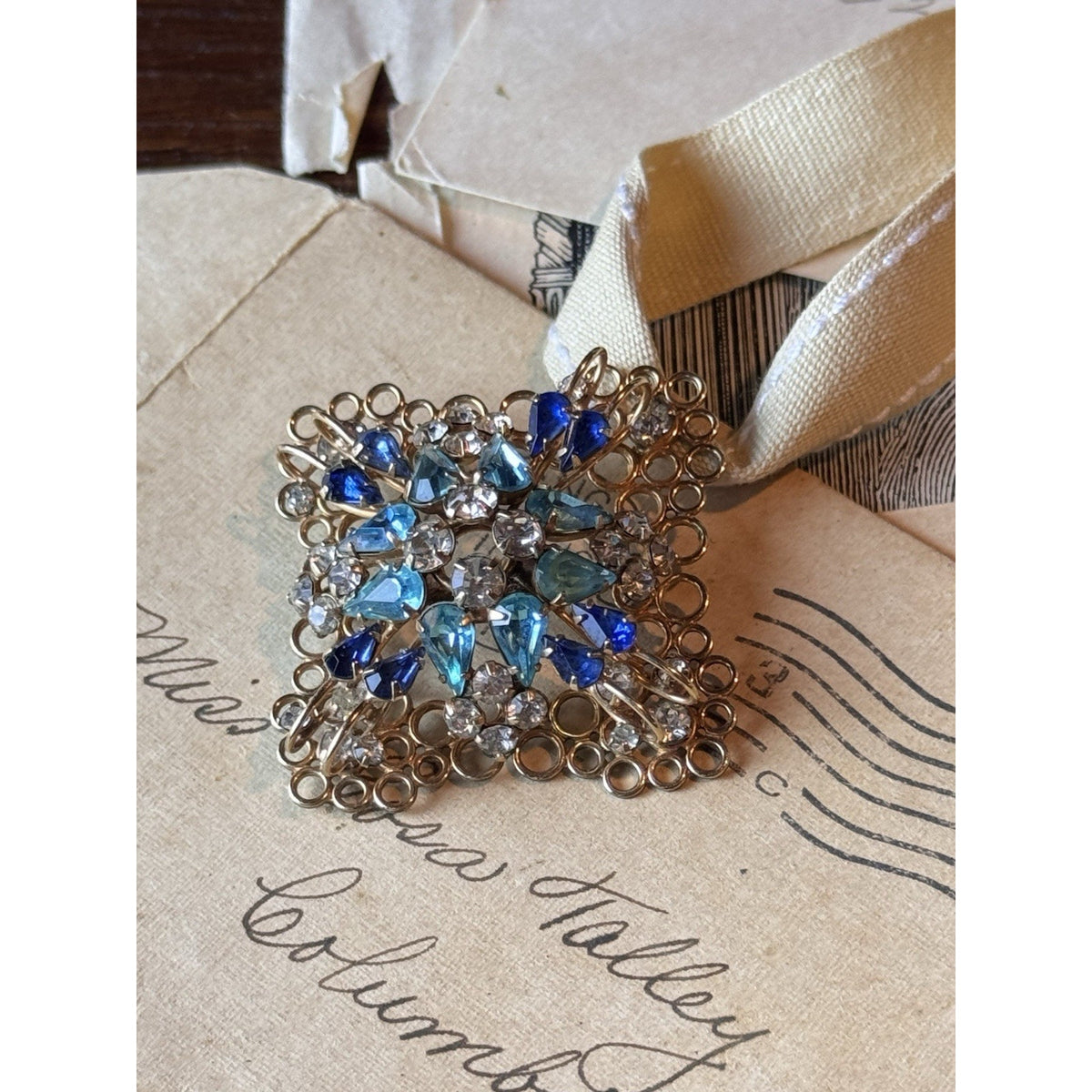 Deri Brooch Pendant Blue Rhinestone Gold Filled SIGNED 2” Vintage