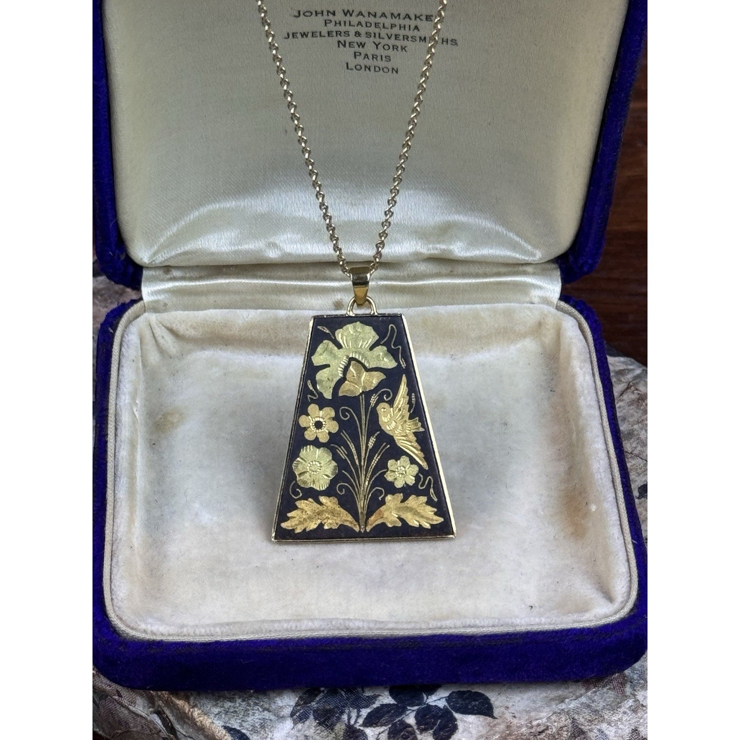 Vintage Damascene Bird Flower Pendant Necklace Gold Filled Chain 18”