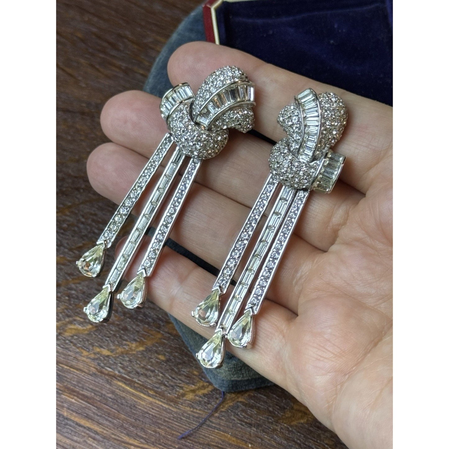 Vintage Ciner Rhinestone Dangle Clip Earrings 3” Baguette Pave