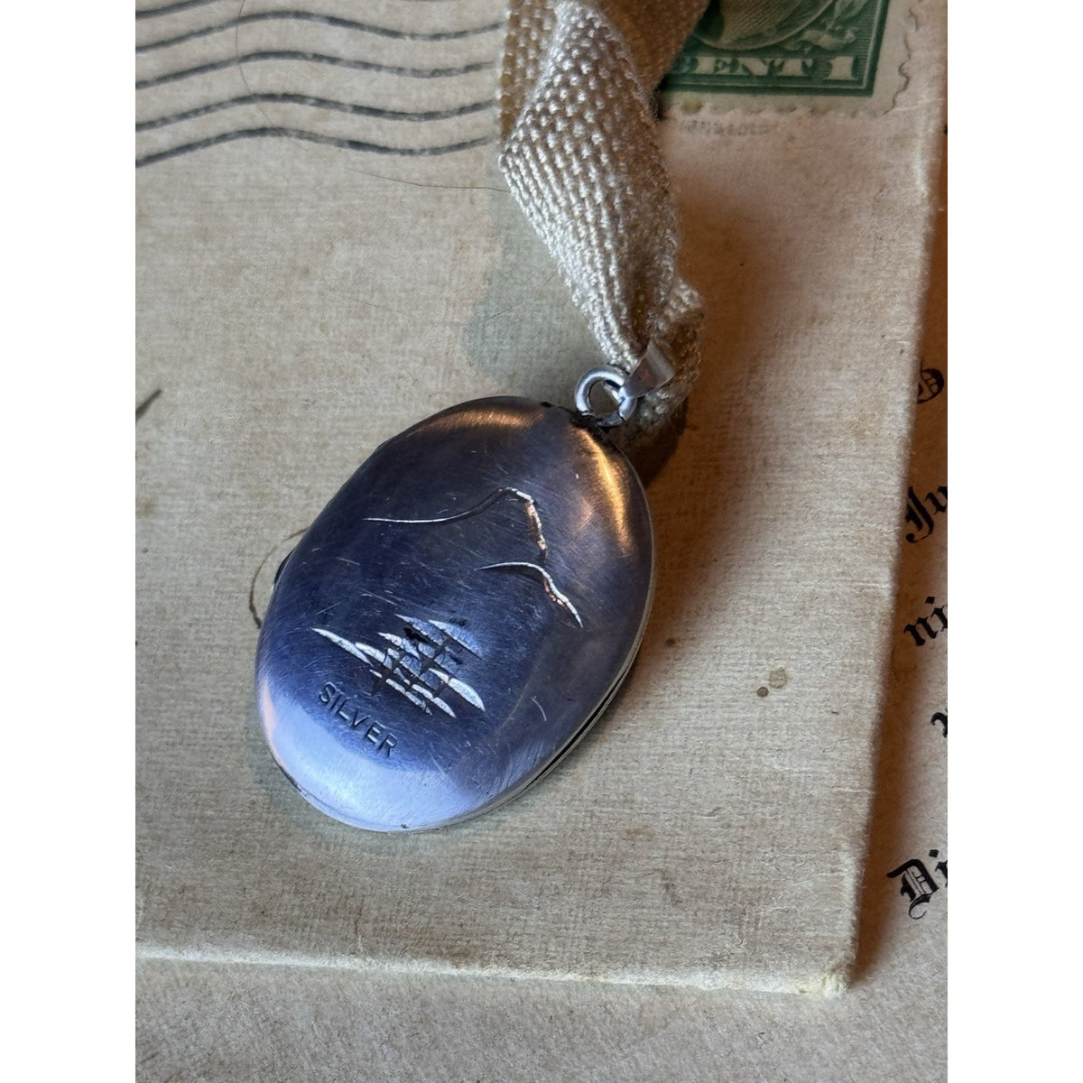 Vintage Silver Locket Pendant Engraved Japanese Pagoda Mountain Scene 1” x .75”