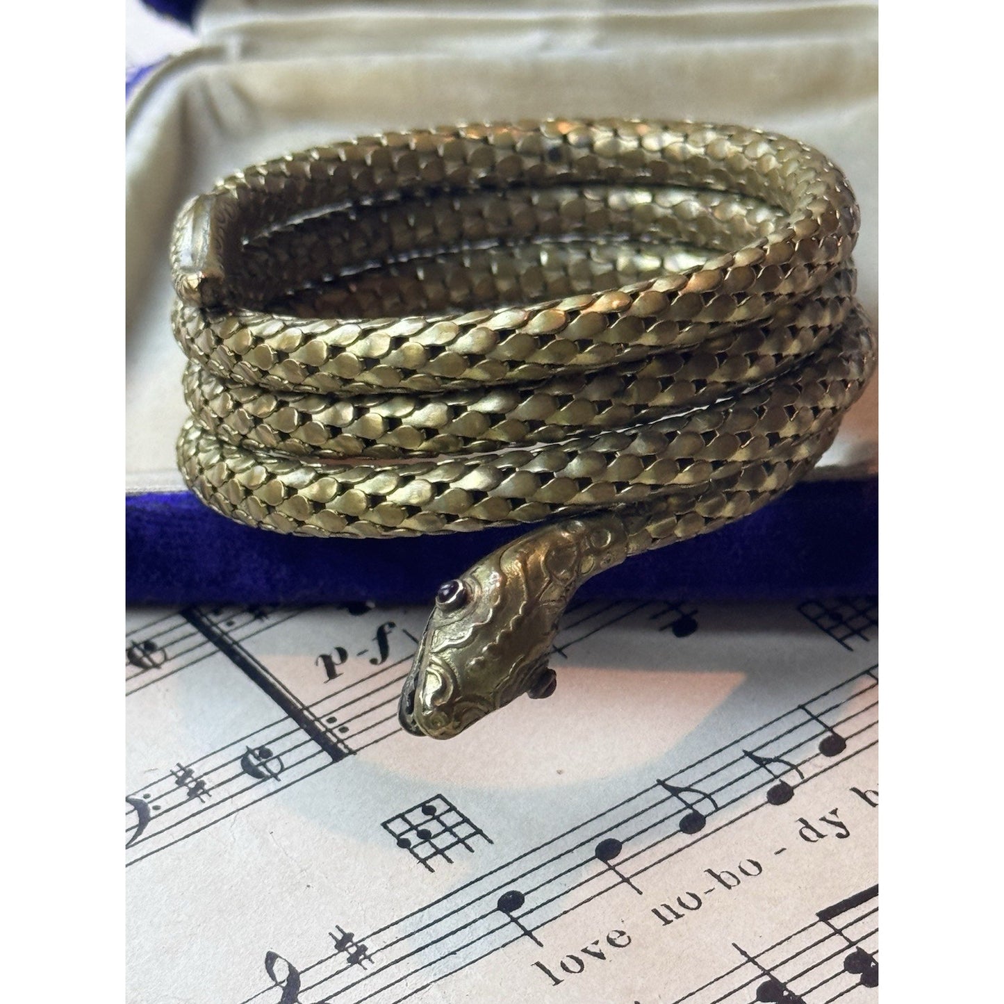 Snake Coil Bracelet Victorian STYLE Goldtone Red Glass Eyes 6.25” x 1”