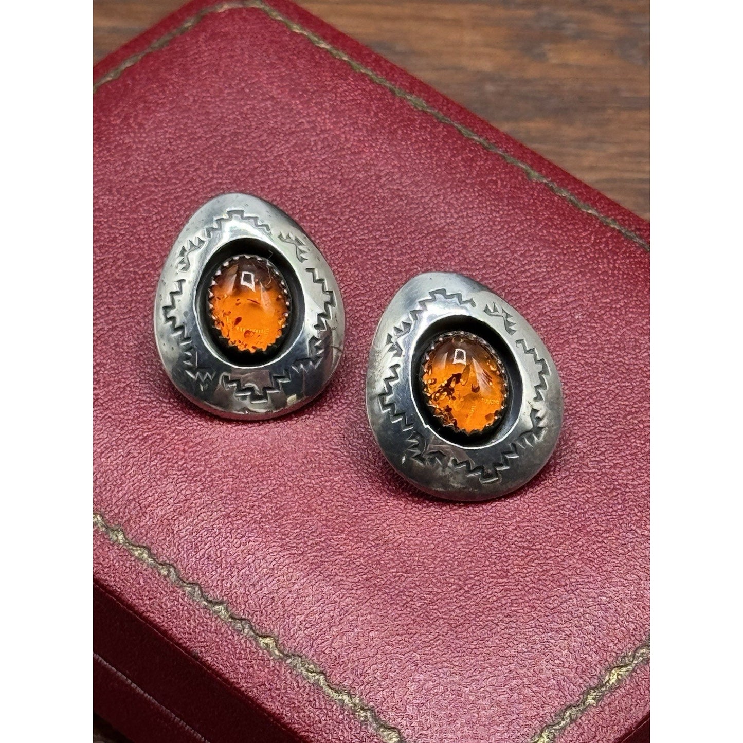Vintage Navajo AG Sterling Silver Amber Post Earrings Southwestern 1” x .75”