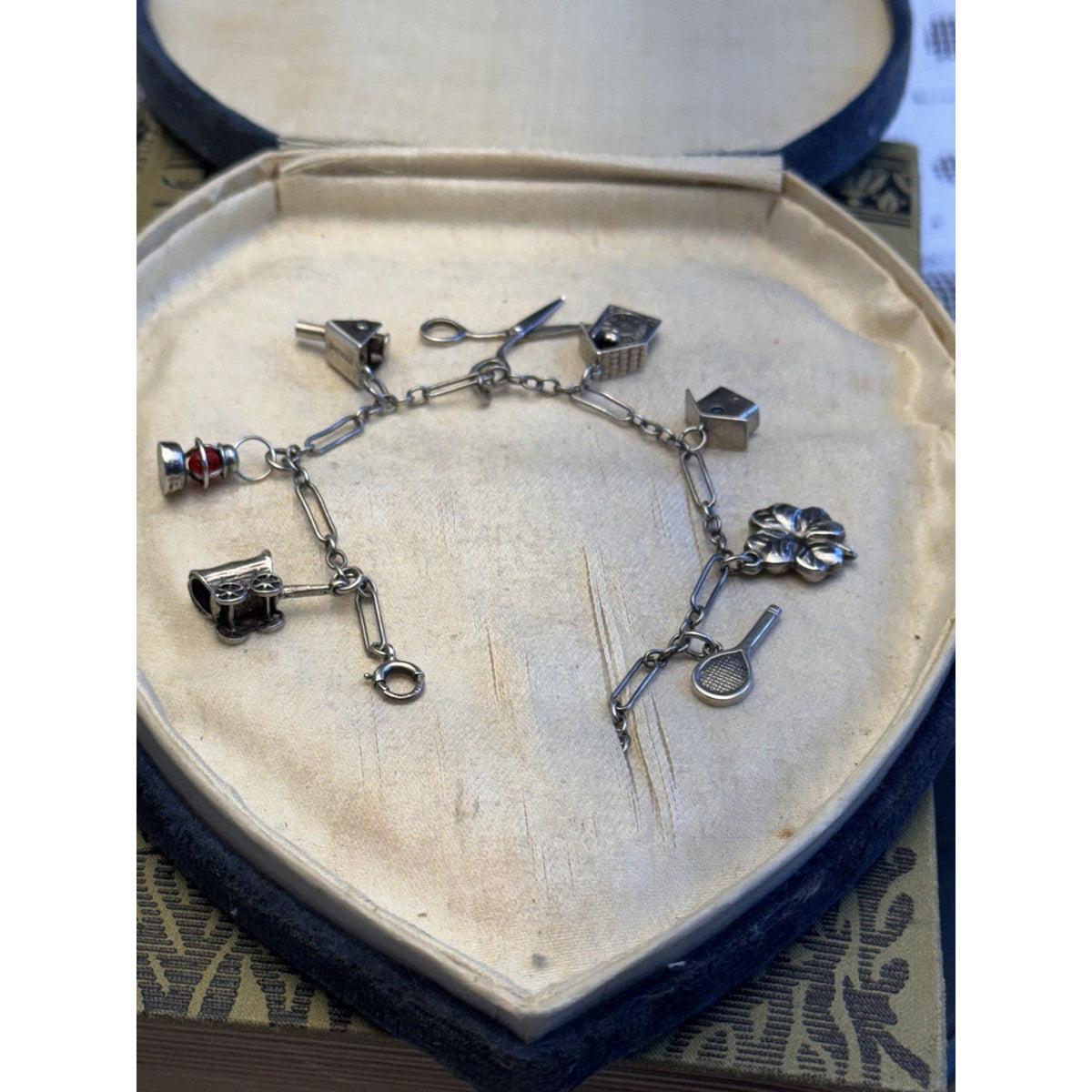 Sterling Silver Charm Bracelet 8 Charms Articulated Scissors & Cannon 6.75