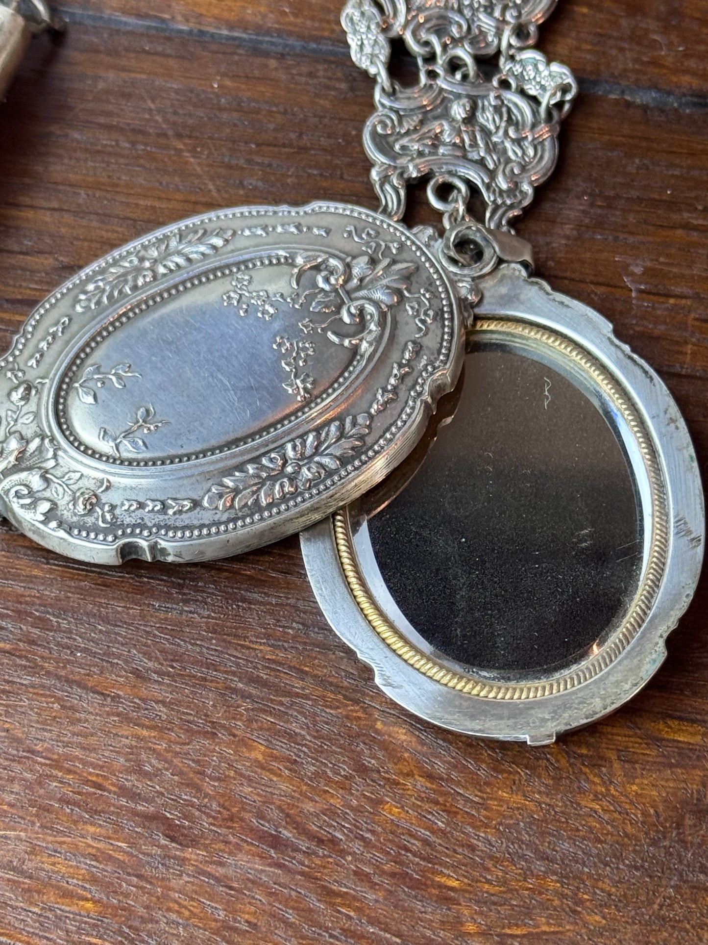 Antique Sterling Silver Chatelaine Mirror Needle Case Thimble 1911 Birmingham 8”