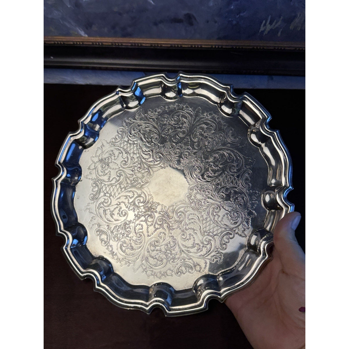 Silverplate Round Tray Towle Ornate Floral Scroll Scalloped Rim
