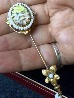 Vintage Miriam UNSIGNED Haskell Style Stick Pin Hand Painted Glass Cameo Beaded 3”
