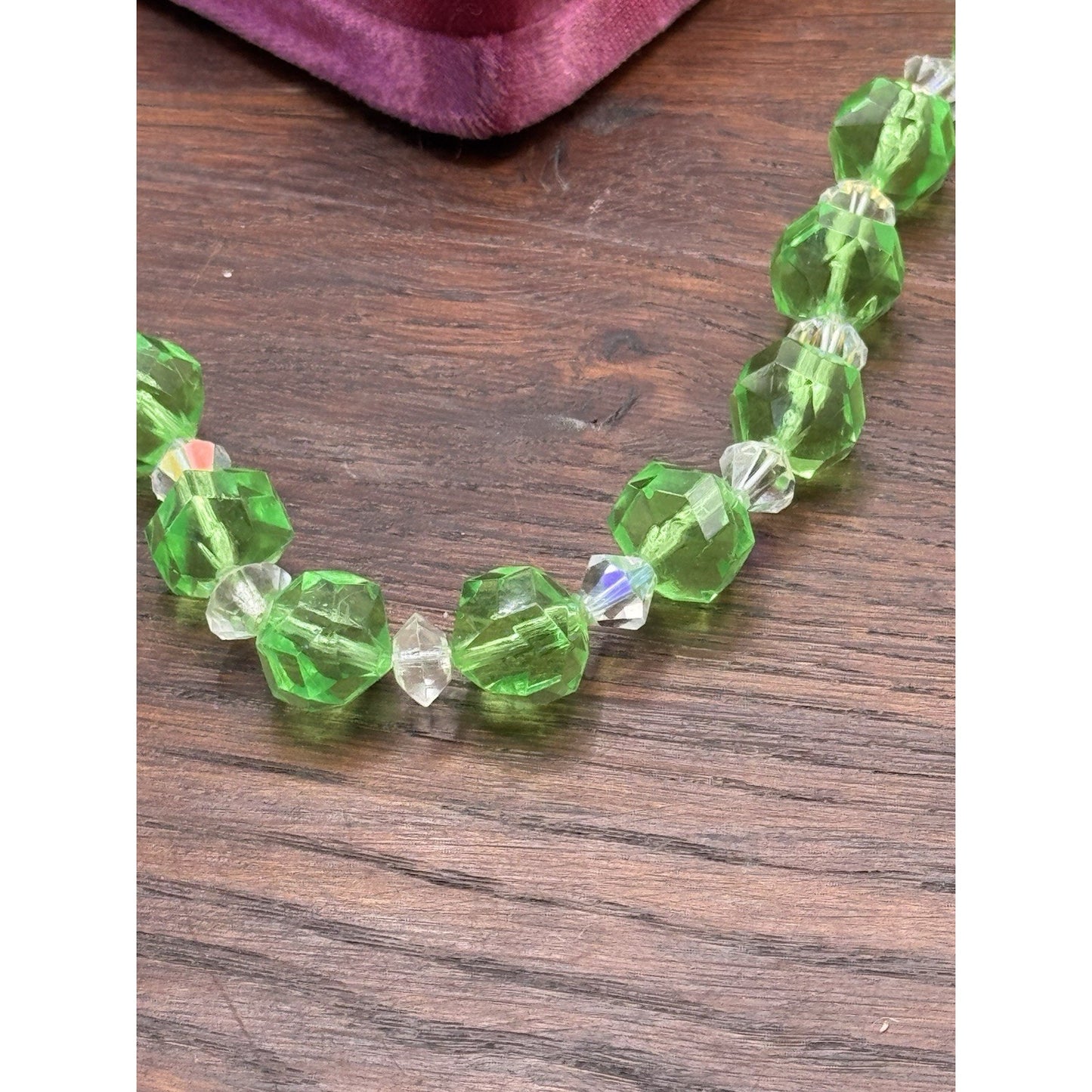 Vintage Green Lucite Bead Necklace Graduated Faceted Clear Spacers 21”