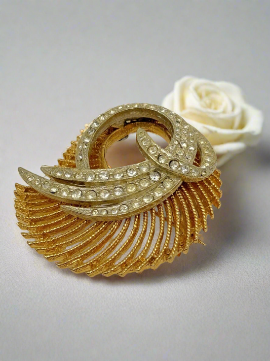 Vintage BSK Clear Rhinestone Gold Tone Swirl Brooch 50s STYLE Estate Find