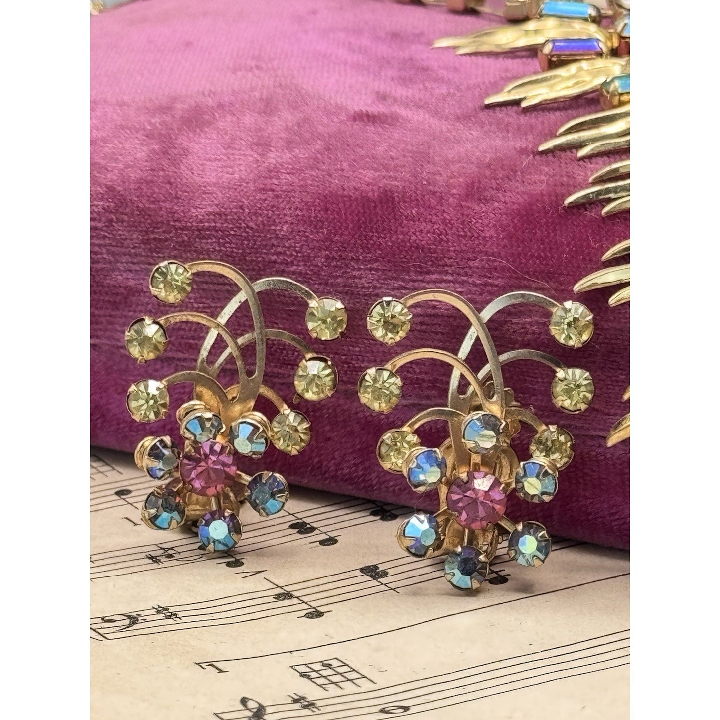 Mid Century Rhinestone Necklace Earrings Set Multicolor AB Goldtone 16”