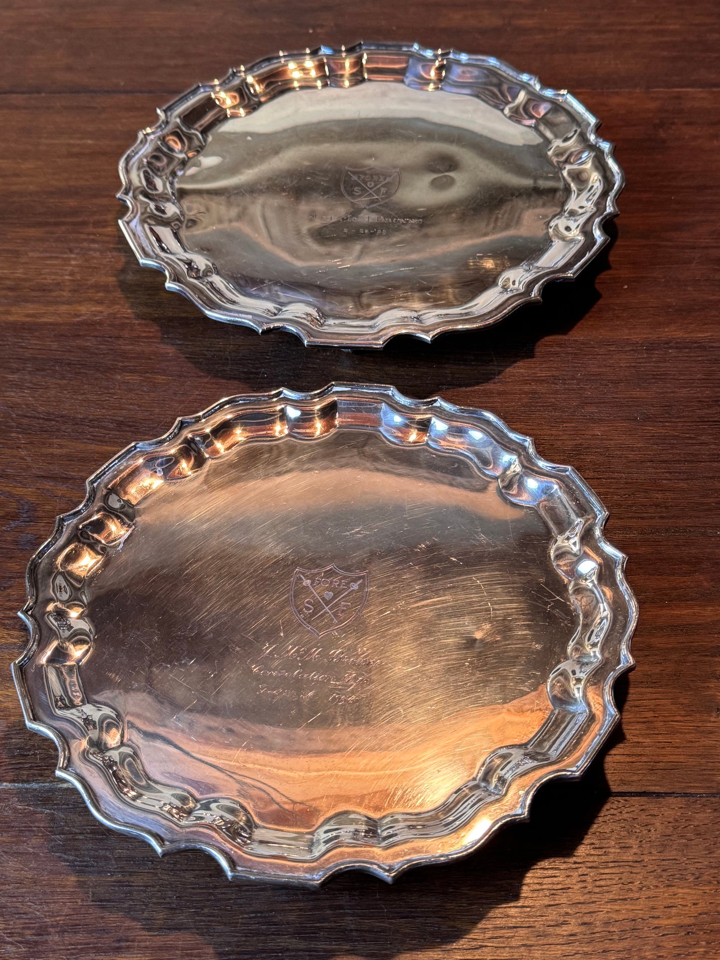 Vintage Silverplate Sport Presentation Salvers Pair 10” & 11.25” Footed 1950s