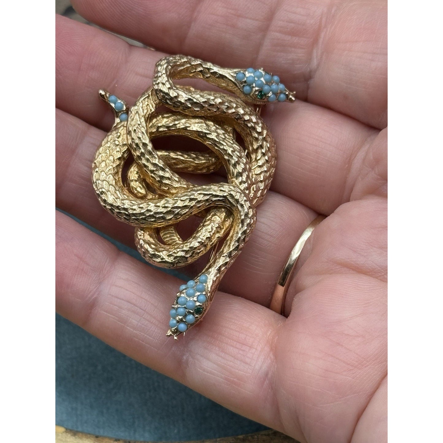 Les Bernard Snake Brooch Goldtone Serpent Blue Cabochon 2” Signed Inc Vintage